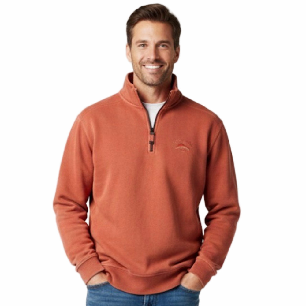 Tommy Bahama Relax Preppy Men Medium Orange 1/4 Quarter Zip Sweatshirt Collar